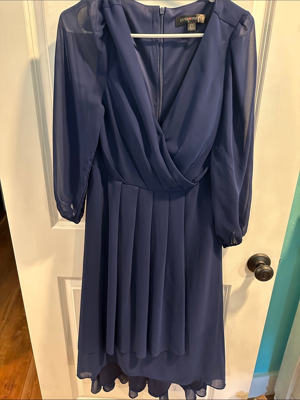 Ever Pretty Blue Chiffon Long Sleeve V-Neck Pleated Dress